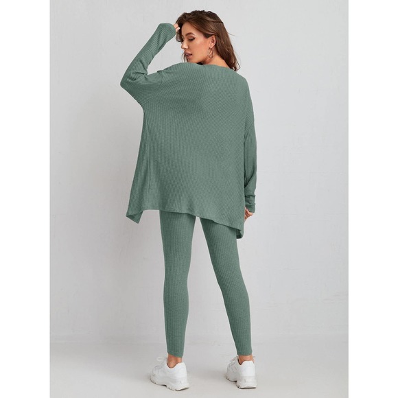 3 piece set: Waffle Knit Tank Top & Leggings & Coat cardigan tan gray - Picture 6 of 16